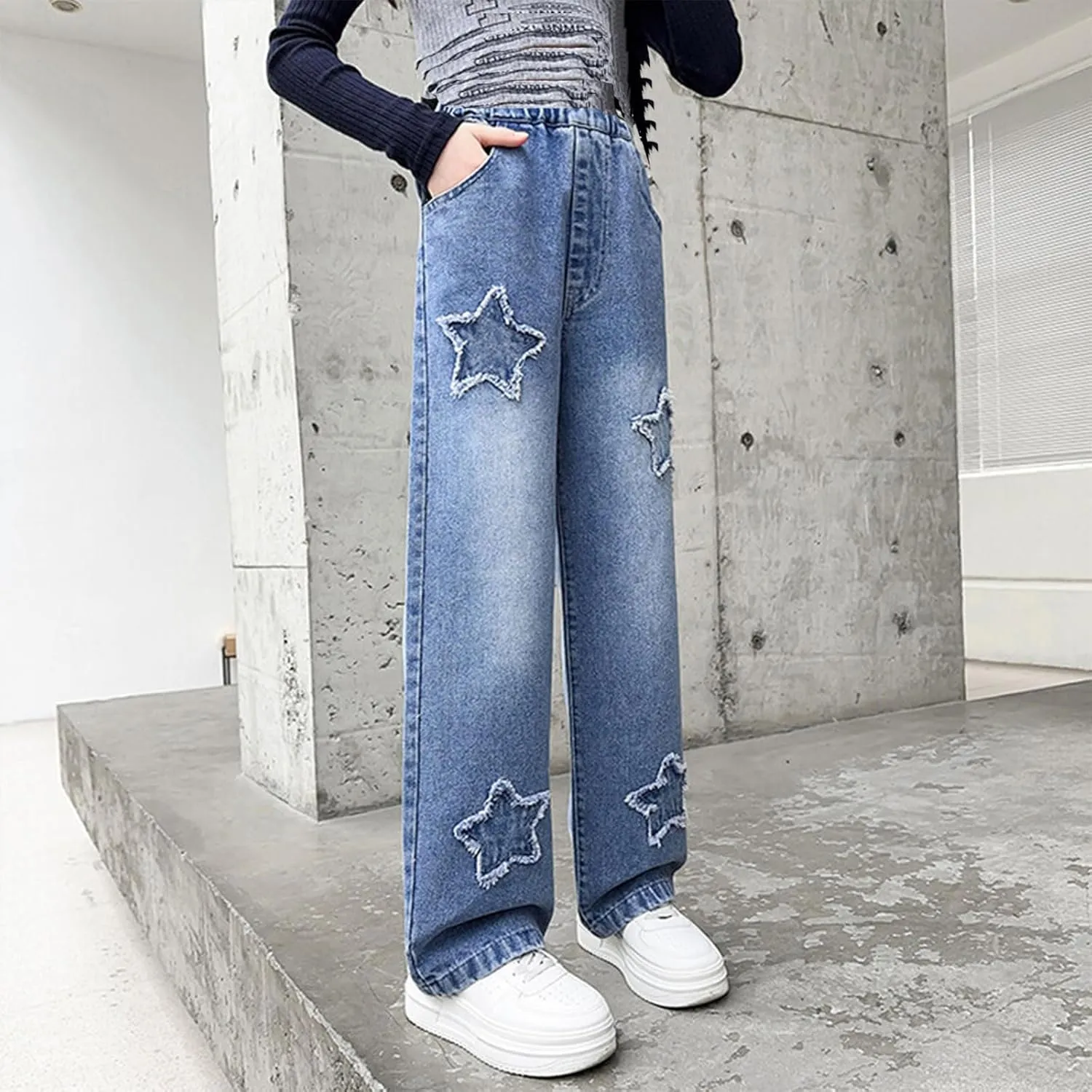 Boy's Cute Star Baggy Denim Pants Elastic Waist Pull On Jeans Straight Wide Leg Jeans for Teen Boys 8-14 Years
