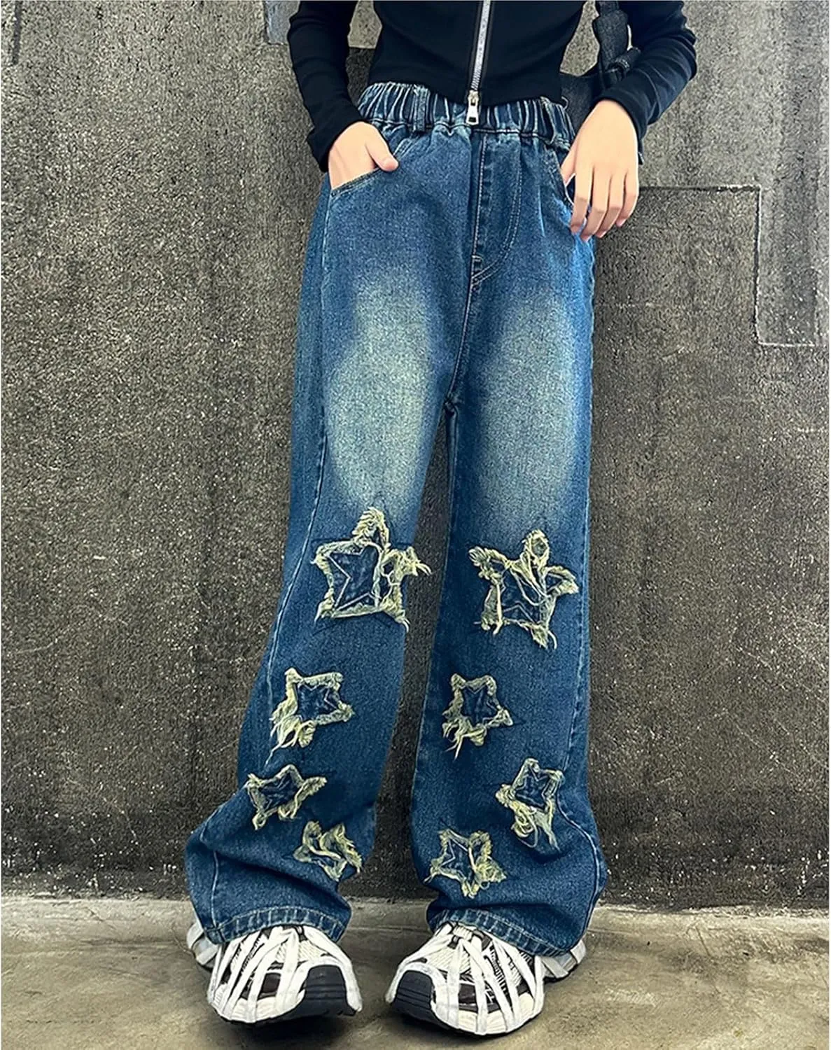 Boy's Cute Star Baggy Denim Pants Elastic Waist Pull On Jeans Straight Wide Leg Jeans for Teen Boys 8-14 Years