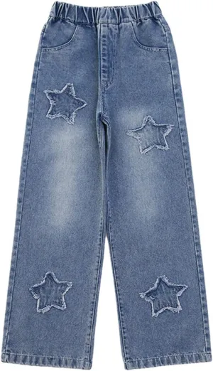Boy's Cute Star Baggy Denim Pants Elastic Waist Pull On Jeans Straight Wide Leg Jeans for Teen Boys 8-14 Years