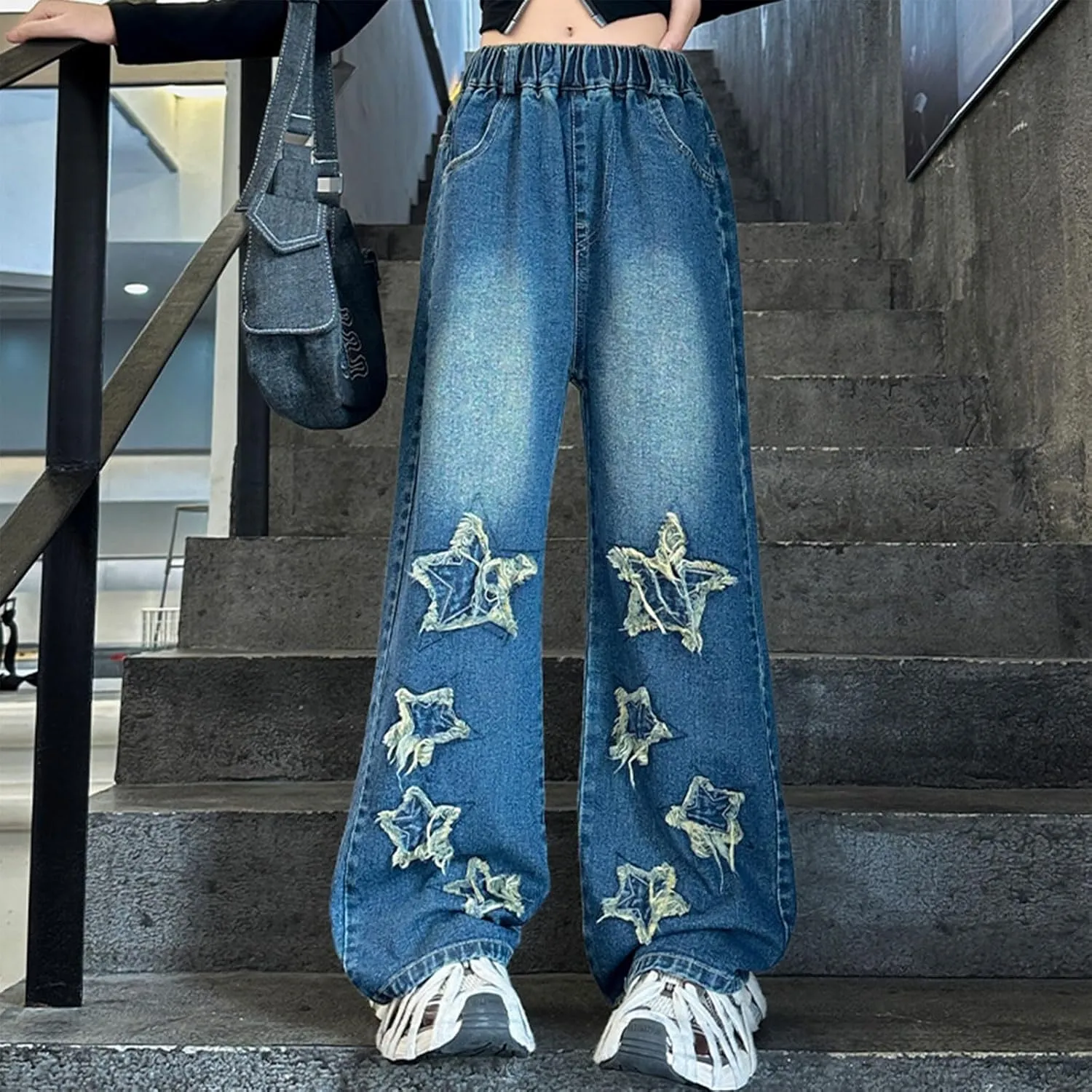 Boy's Cute Star Baggy Denim Pants Elastic Waist Pull On Jeans Straight Wide Leg Jeans for Teen Boys 8-14 Years