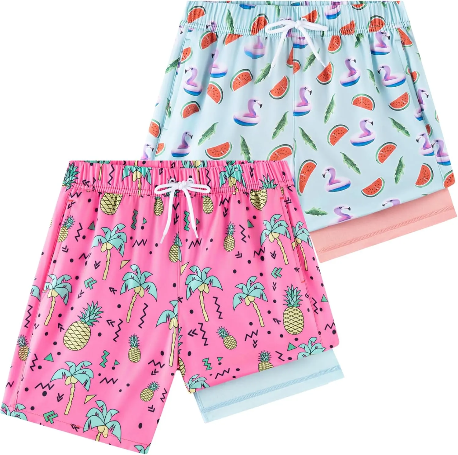 Boys Swim Trunks 2 Pack, Bathing Suit with Compression Liner, UPF 50 , Beach Shorts for 5-16 Years
