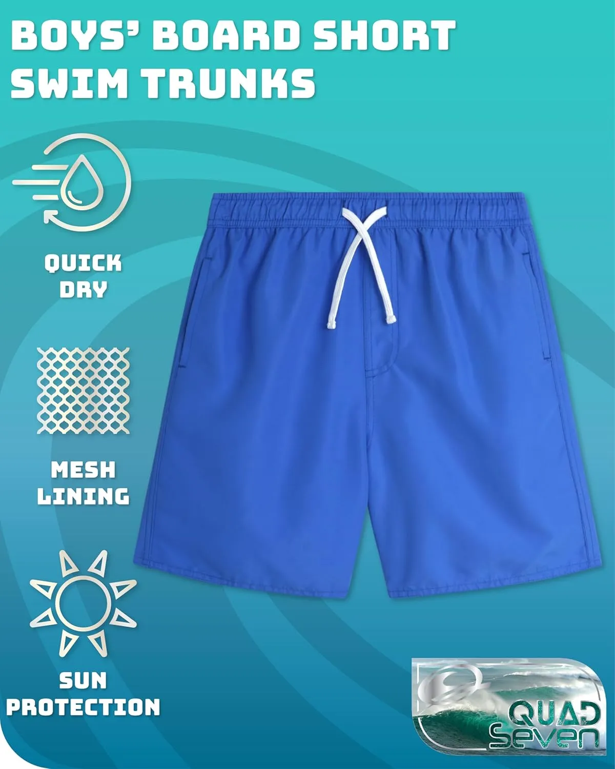 Boys Swim Trunks - Quick Dry Sun Protection Board Shorts with Breathable Mesh Lining and Drawstring Waist (Sizes: 8-18)