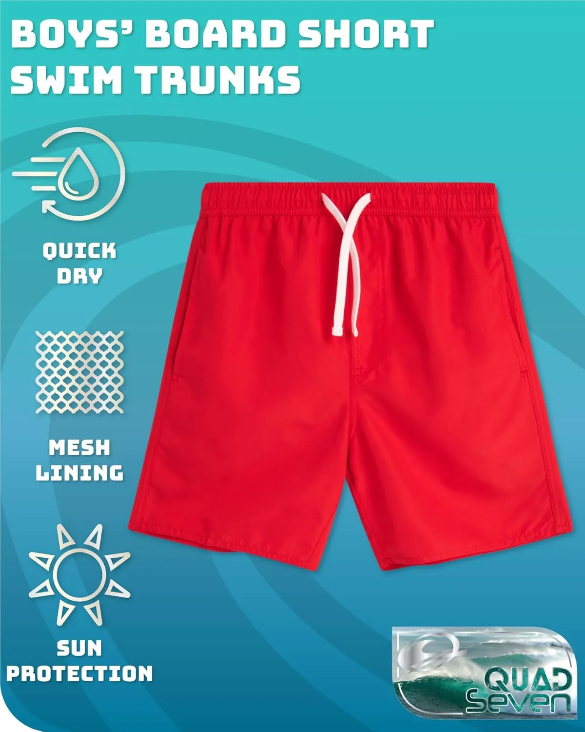 Boys Swim Trunks - Quick Dry Sun Protection Board Shorts with Breathable Mesh Lining and Drawstring Waist (Sizes: 8-18)