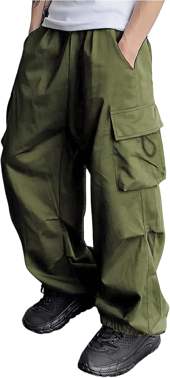Boy's Wide Leg Cargo Pants Drawstring Waist Baggy Track Pants Trousers Streetwear