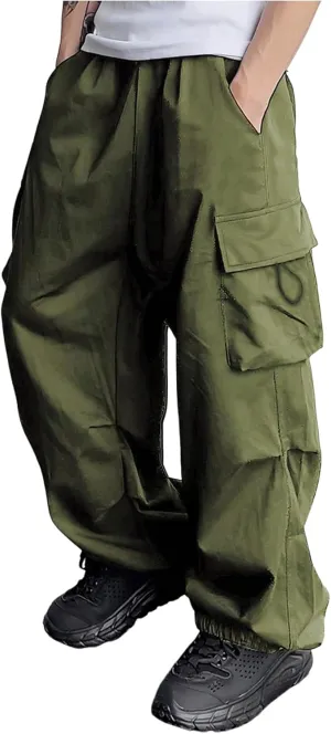 Boy's Wide Leg Cargo Pants Drawstring Waist Baggy Track Pants Trousers Streetwear
