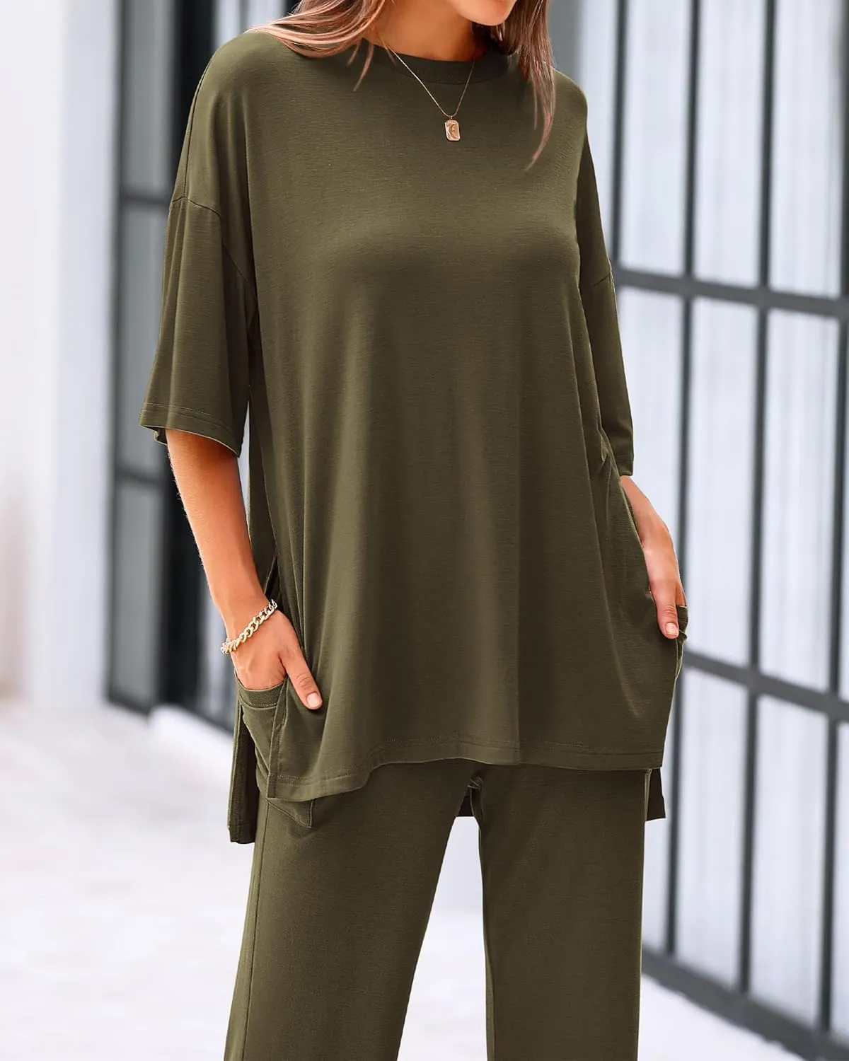 BTFBM Women 2 Piece Outfits Casual Loose Slit Short Sleeve Top Wide Leg Pants Matching Lounge Sets Tracksuit With Pocket