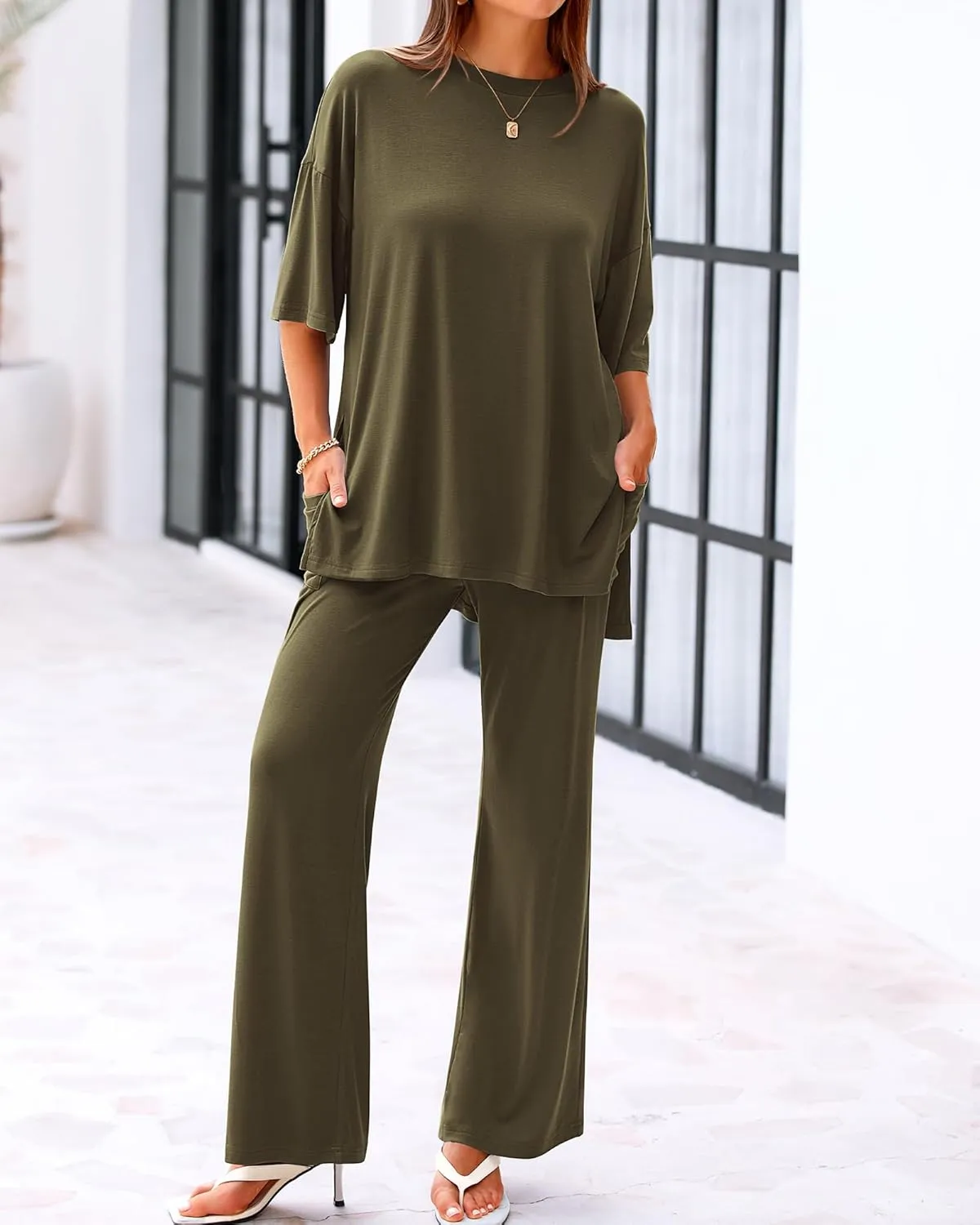 BTFBM Women 2 Piece Outfits Casual Loose Slit Short Sleeve Top Wide Leg Pants Matching Lounge Sets Tracksuit With Pocket