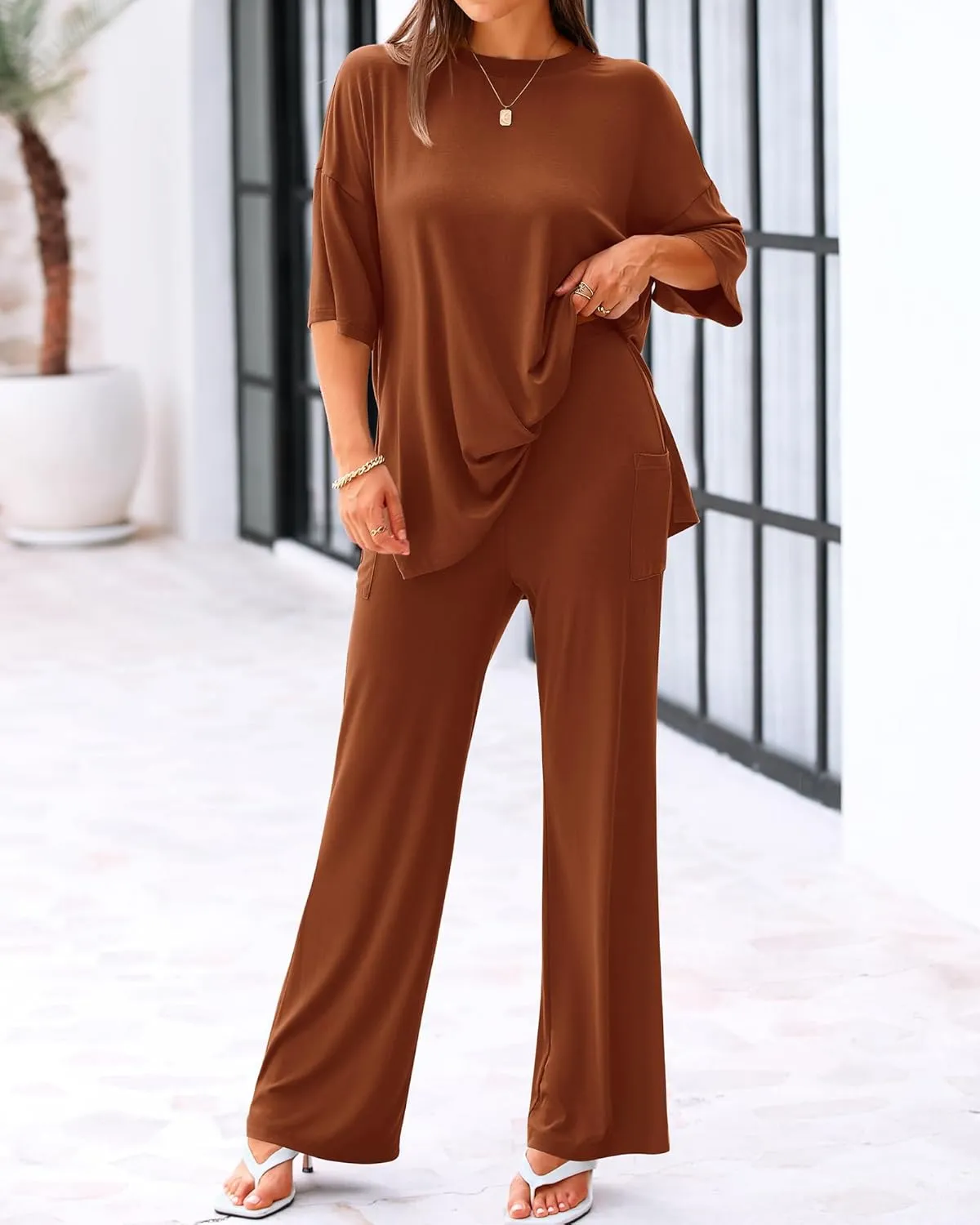 BTFBM Women 2 Piece Outfits Casual Loose Slit Short Sleeve Top Wide Leg Pants Matching Lounge Sets Tracksuit With Pocket