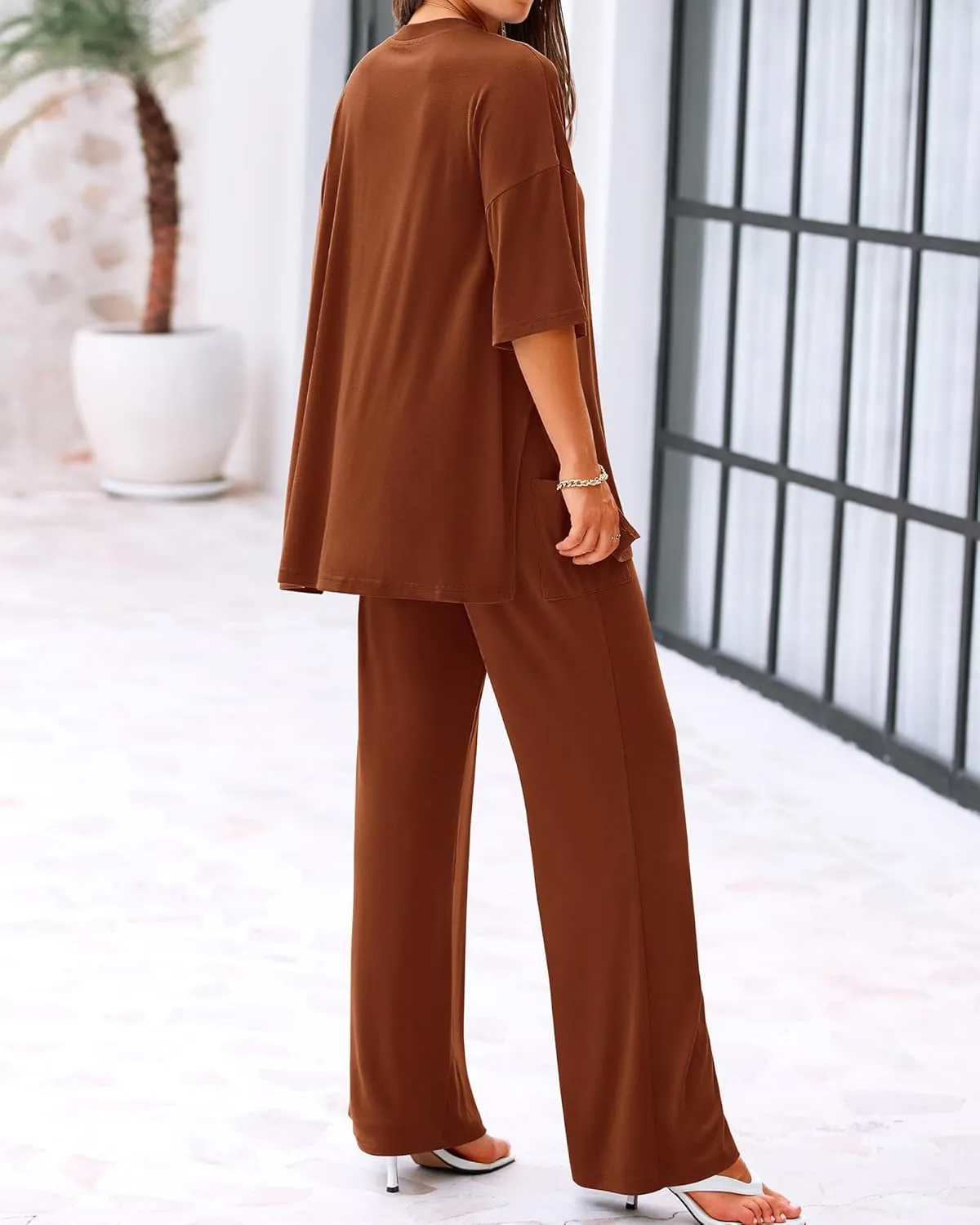 BTFBM Women 2 Piece Outfits Casual Loose Slit Short Sleeve Top Wide Leg Pants Matching Lounge Sets Tracksuit With Pocket