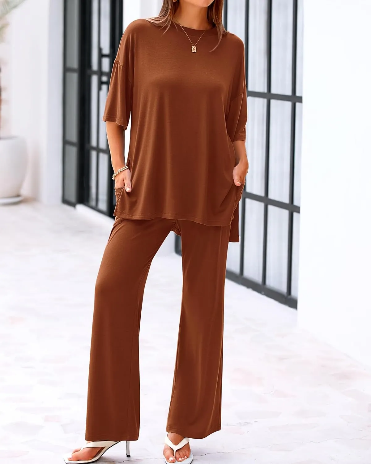 BTFBM Women 2 Piece Outfits Casual Loose Slit Short Sleeve Top Wide Leg Pants Matching Lounge Sets Tracksuit With Pocket