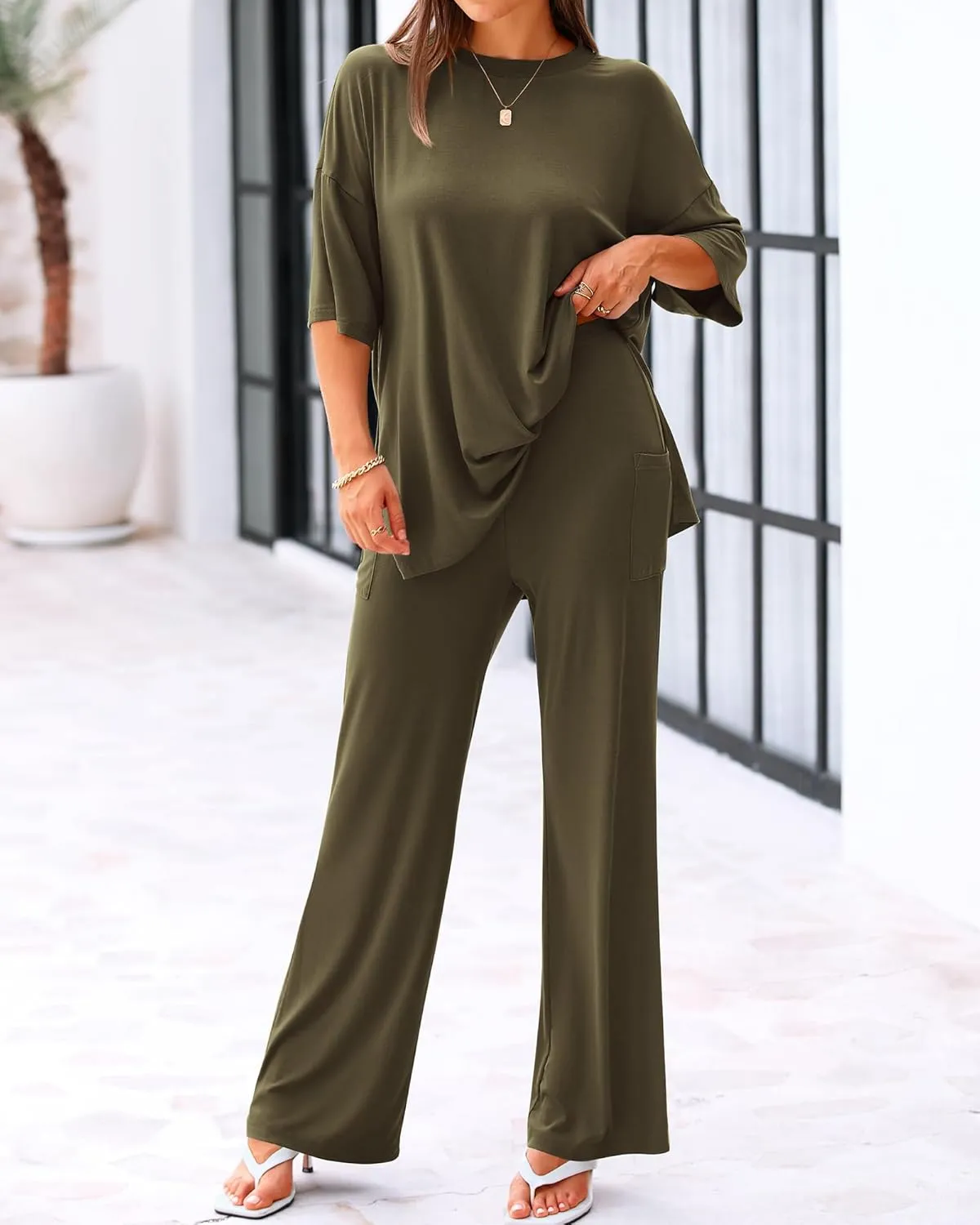 BTFBM Women 2 Piece Outfits Casual Loose Slit Short Sleeve Top Wide Leg Pants Matching Lounge Sets Tracksuit With Pocket