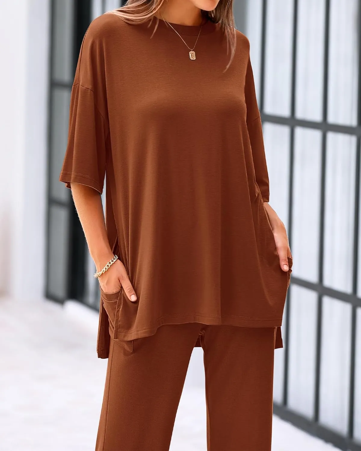 BTFBM Women 2 Piece Outfits Casual Loose Slit Short Sleeve Top Wide Leg Pants Matching Lounge Sets Tracksuit With Pocket