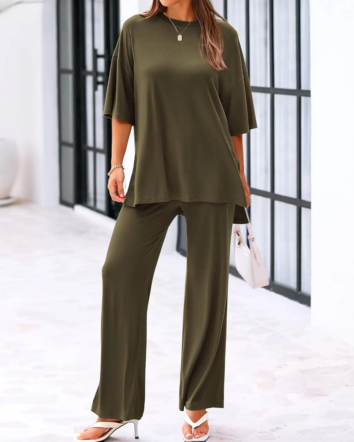 BTFBM Women 2 Piece Outfits Casual Loose Slit Short Sleeve Top Wide Leg Pants Matching Lounge Sets Tracksuit With Pocket