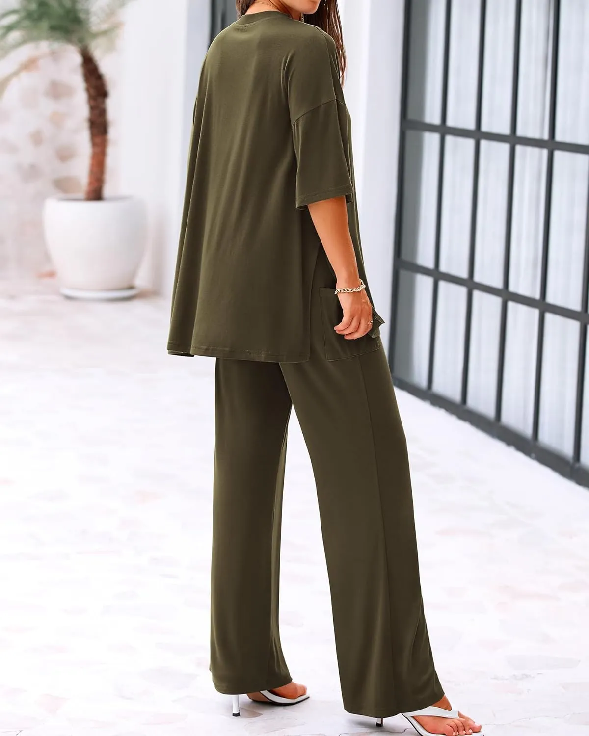 BTFBM Women 2 Piece Outfits Casual Loose Slit Short Sleeve Top Wide Leg Pants Matching Lounge Sets Tracksuit With Pocket