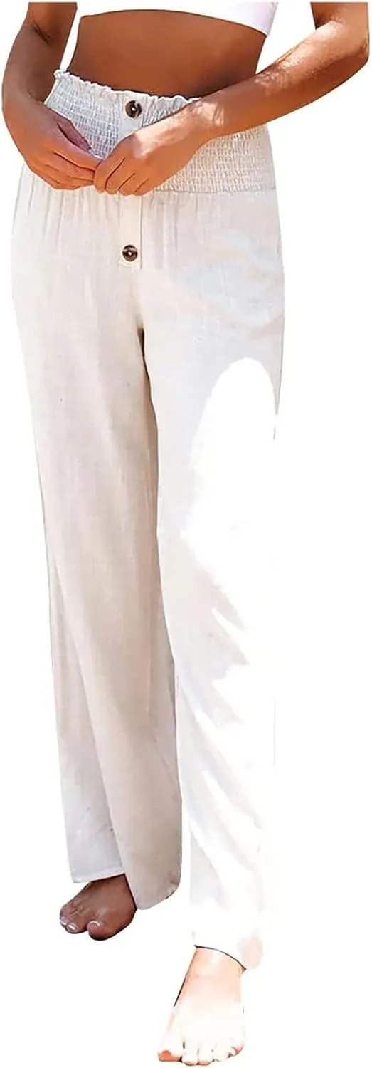 Ceboyel Womens Button Linen Pants Beach Palazzo Pants Straight Wide Leg Palazzo Pants Boho Casual Flowy Lounge Trousers