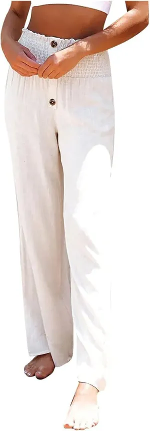 Ceboyel Womens Button Linen Pants Beach Palazzo Pants Straight Wide Leg Palazzo Pants Boho Casual Flowy Lounge Trousers