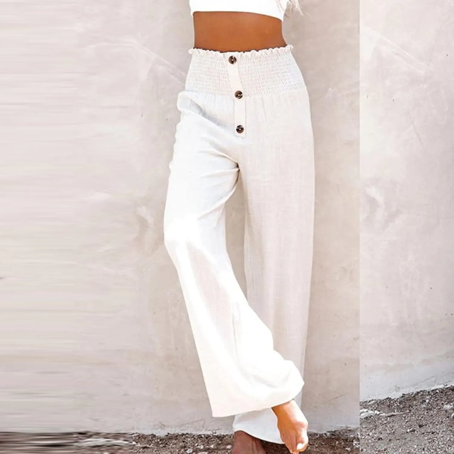 Ceboyel Womens Button Linen Pants Beach Palazzo Pants Straight Wide Leg Palazzo Pants Boho Casual Flowy Lounge Trousers