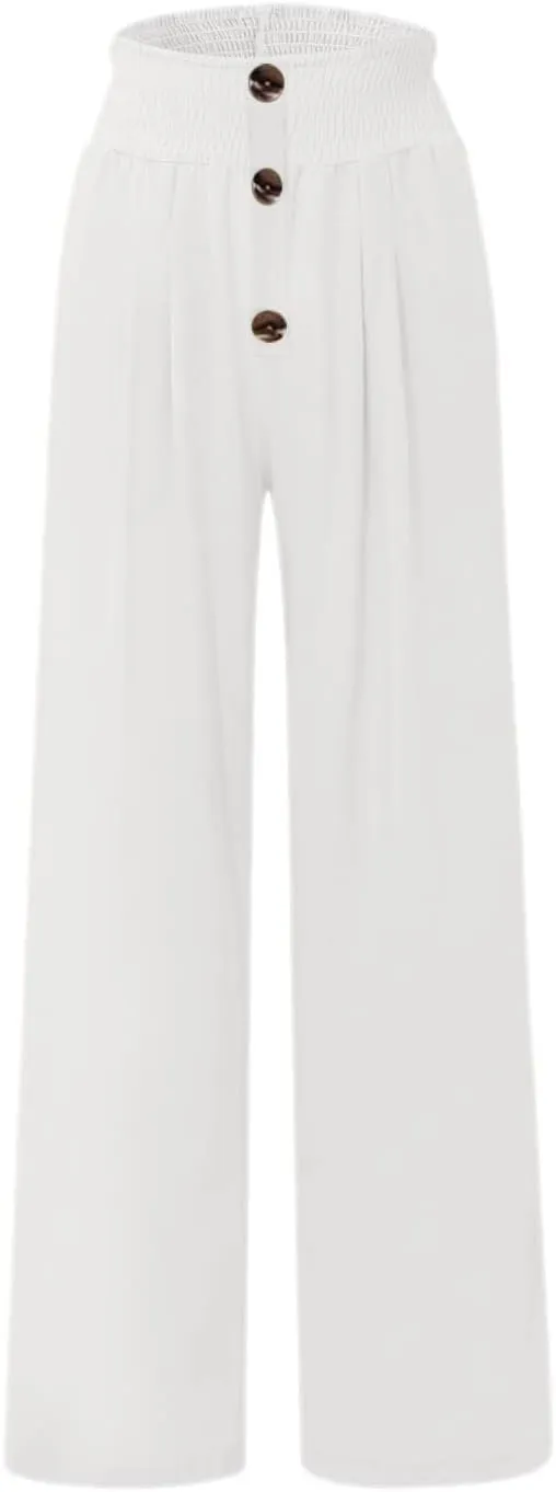 Ceboyel Womens Button Linen Pants Beach Palazzo Pants Straight Wide Leg Palazzo Pants Boho Casual Flowy Lounge Trousers