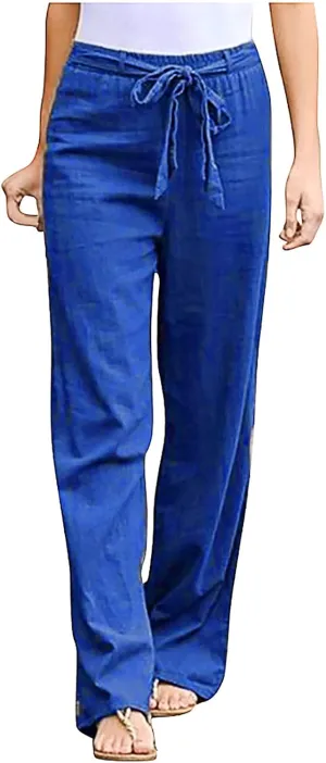Ceboyel Womens Linen Casual Pants Summer Lounge Trousers Drawstring Straight Leg Pants Boho Beach Vacation Outfits 2023