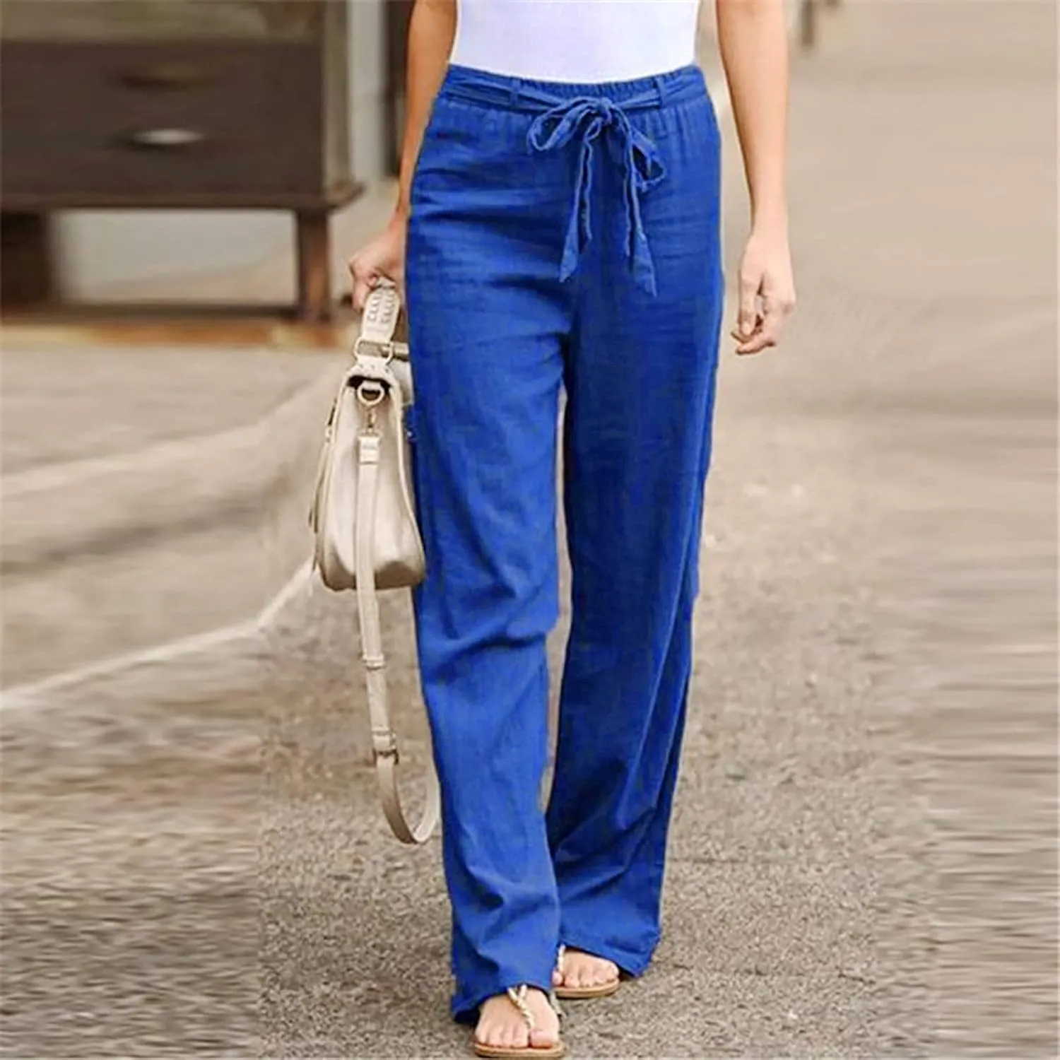 Ceboyel Womens Linen Casual Pants Summer Lounge Trousers Drawstring Straight Leg Pants Boho Beach Vacation Outfits 2023
