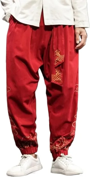 Chinese Style Retro Auspicious Clouds Print Pants Men Clothing Autumn Clothes Loose Casual Hemp Harem Pants