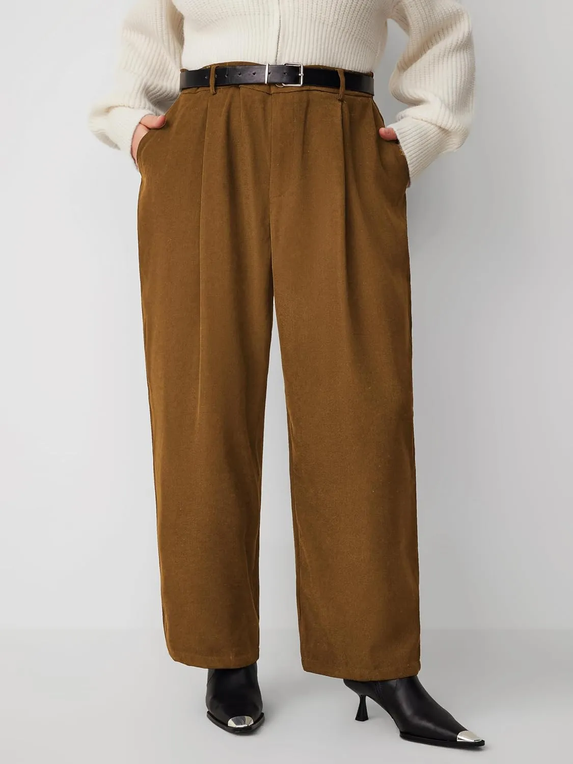 CIDER High Waist Solid Tapered Trousers with Belt Curve & Plus