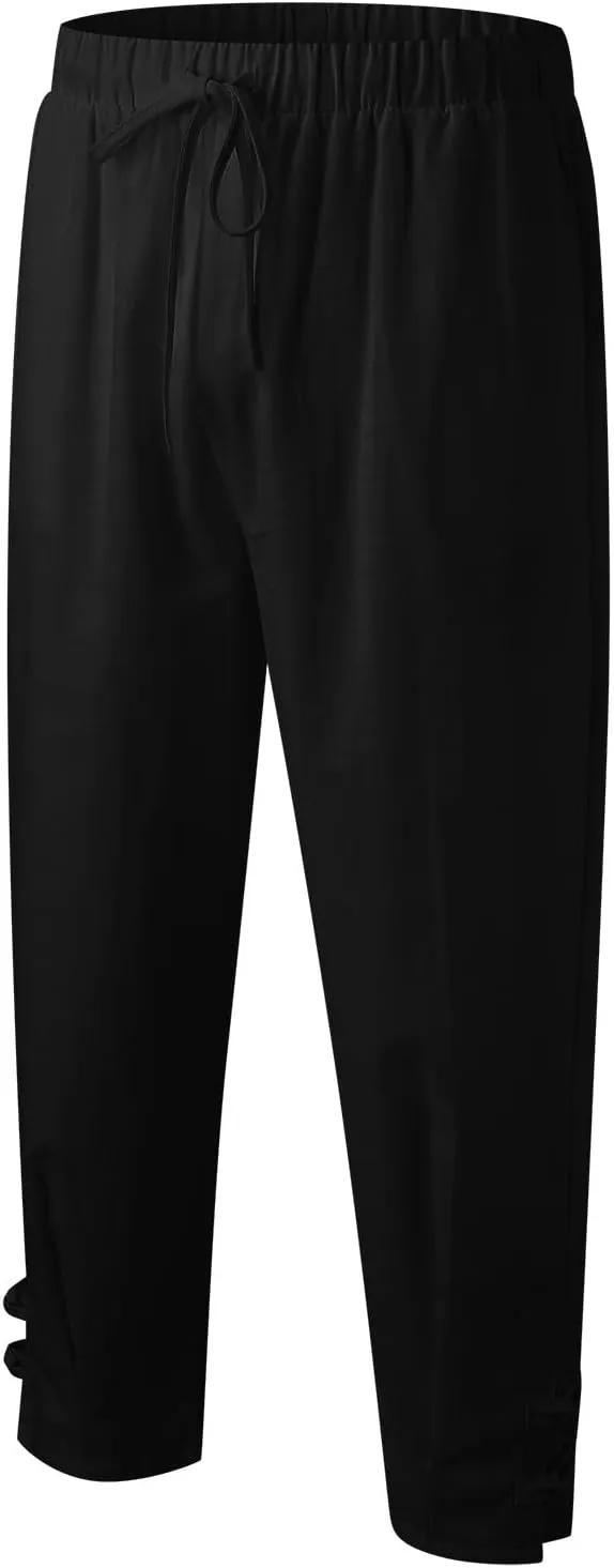 Cotton Linen Dress Pants for Men Elastic Drawstring Waist Lounge Beach Pants Summer Casual Straight Leg Dress Trouser