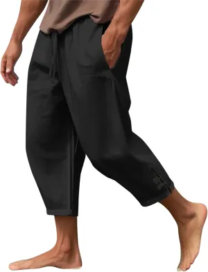 Cotton Linen Dress Pants for Men Elastic Drawstring Waist Lounge Beach Pants Summer Casual Straight Leg Dress Trouser
