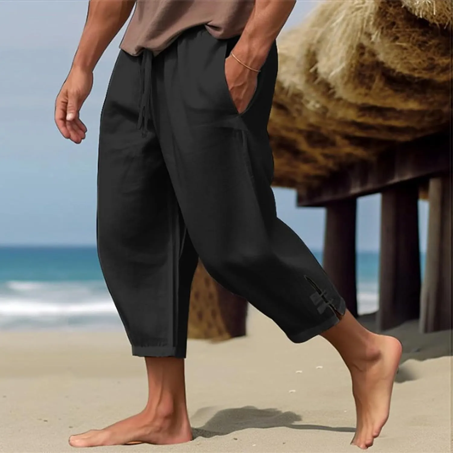 Cotton Linen Dress Pants for Men Elastic Drawstring Waist Lounge Beach Pants Summer Casual Straight Leg Dress Trouser