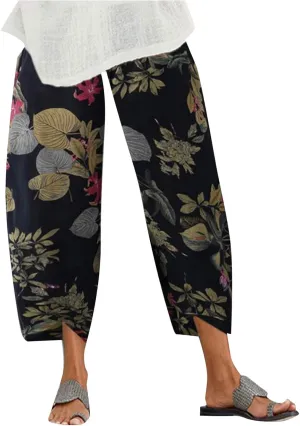 Cotton Linen Pants for Women Printed Capri Pants Plus Size Wide Leg Sweatpants Summer Cropped Elastic Waist Trousers, XX-Large, Y006-black