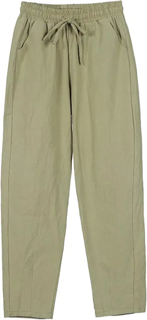 Cotton Linen Pants Women Casual High Waist Drawstring Baggy Trousers Straight Wide Leg Yoga Pants with Pockets