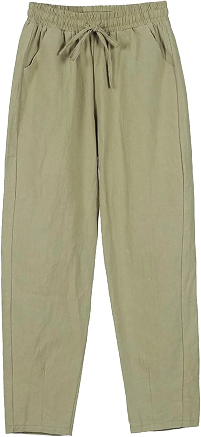 Cotton Linen Pants Women Casual High Waist Drawstring Baggy Trousers Straight Wide Leg Yoga Pants with Pockets