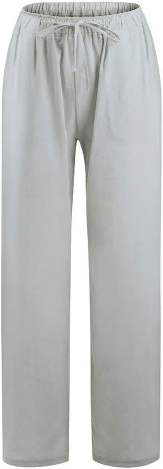 Cotton Linen Summer Pants Women Casual High Waist Drawstring Loose Fit Lightweight Long Palazzo Gauze Trousers