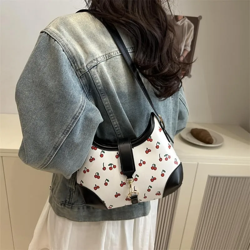 Crescent Shoulder Bag Cherry Purses For Women Half Moon Faux Leather Handbag Designer Underarm Hobo Bag Soft Travel