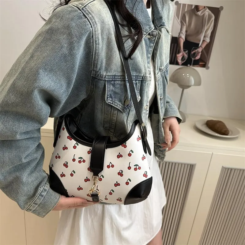 Crescent Shoulder Bag Cherry Purses For Women Half Moon Faux Leather Handbag Designer Underarm Hobo Bag Soft Travel