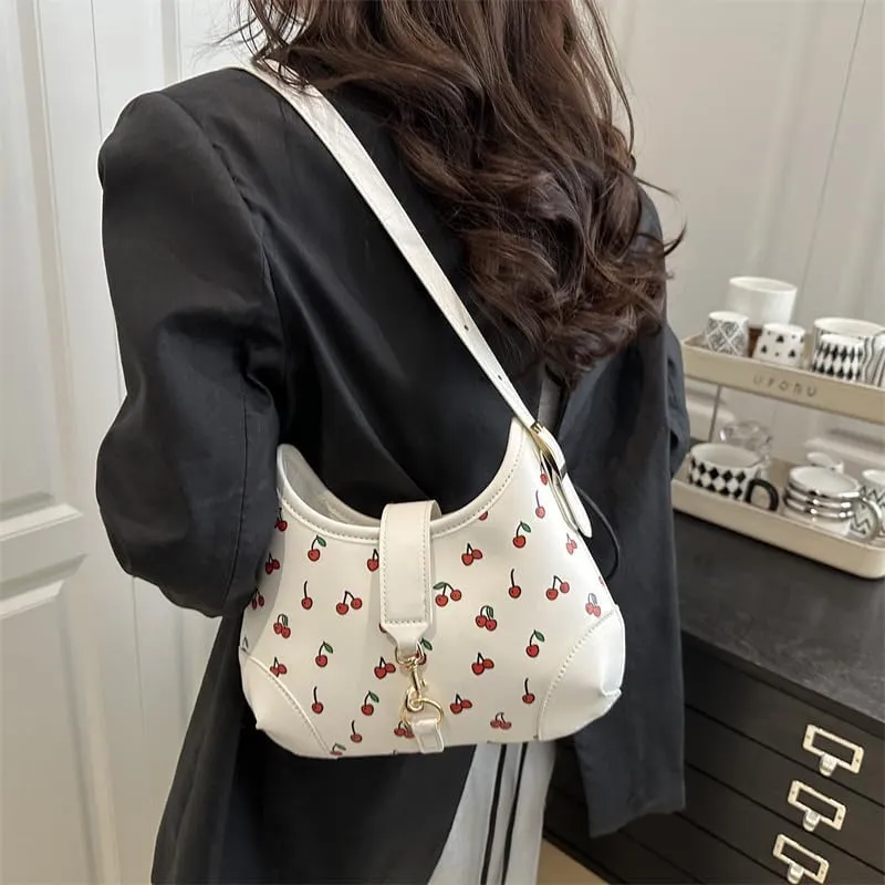 Crescent Shoulder Bag Cherry Purses For Women Half Moon Faux Leather Handbag Designer Underarm Hobo Bag Soft Travel