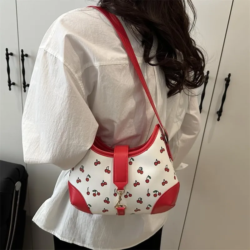Crescent Shoulder Bag Cherry Purses For Women Half Moon Faux Leather Handbag Designer Underarm Hobo Bag Soft Travel