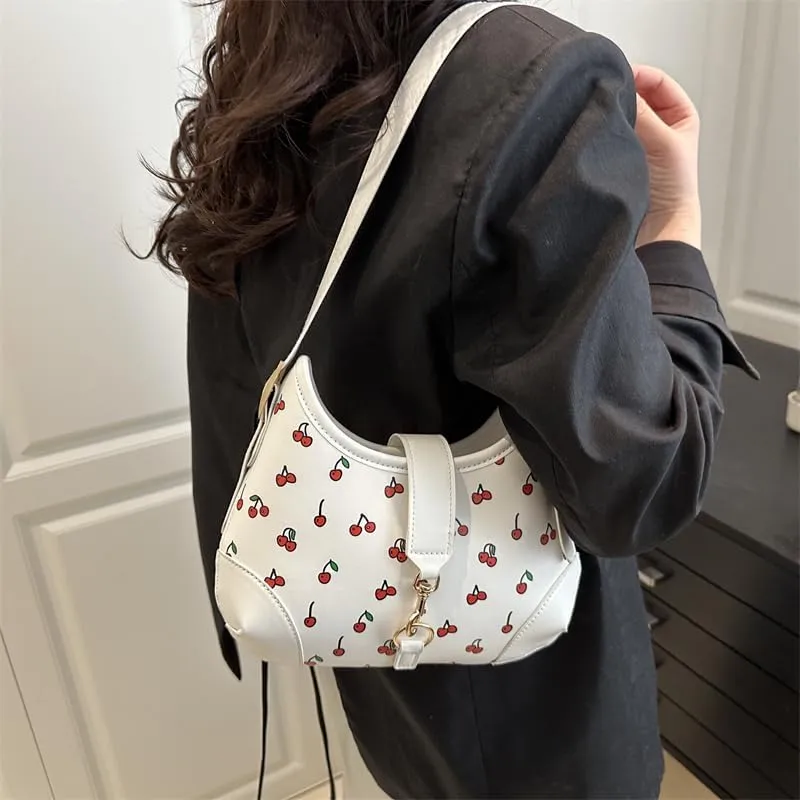 Crescent Shoulder Bag Cherry Purses For Women Half Moon Faux Leather Handbag Designer Underarm Hobo Bag Soft Travel