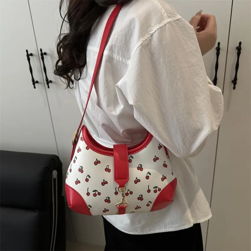 Crescent Shoulder Bag Cherry Purses For Women Half Moon Faux Leather Handbag Designer Underarm Hobo Bag Soft Travel