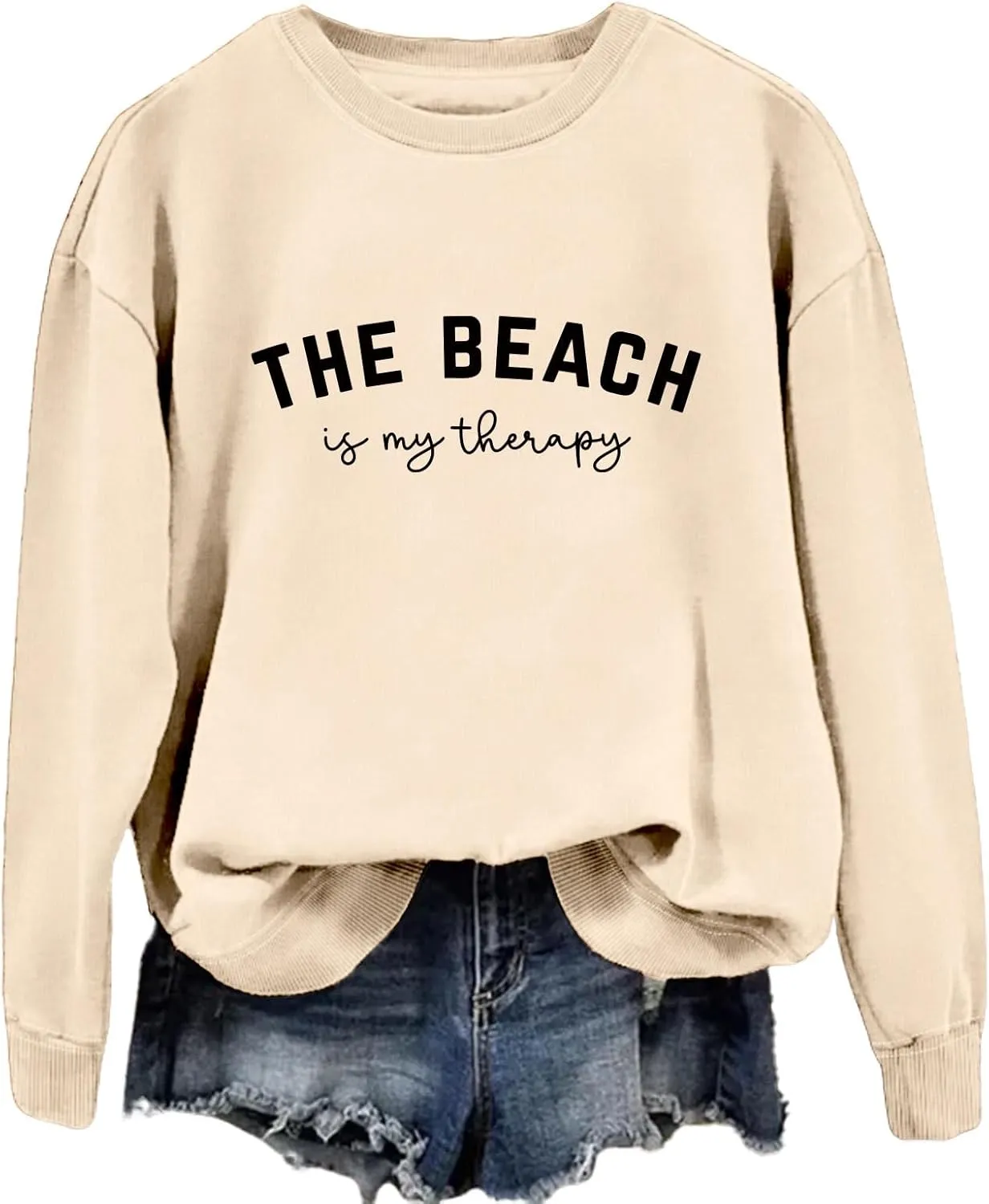 Crewneck Sweatshirt for Women Pullover, The Beach Is My Therapy Loose Fit Long Sleeve Shirts Graphics Tops
