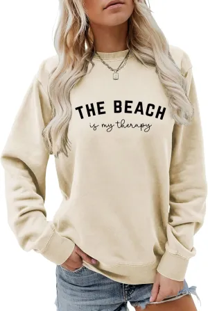 Crewneck Sweatshirt for Women Pullover, The Beach Is My Therapy Loose Fit Long Sleeve Shirts Graphics Tops
