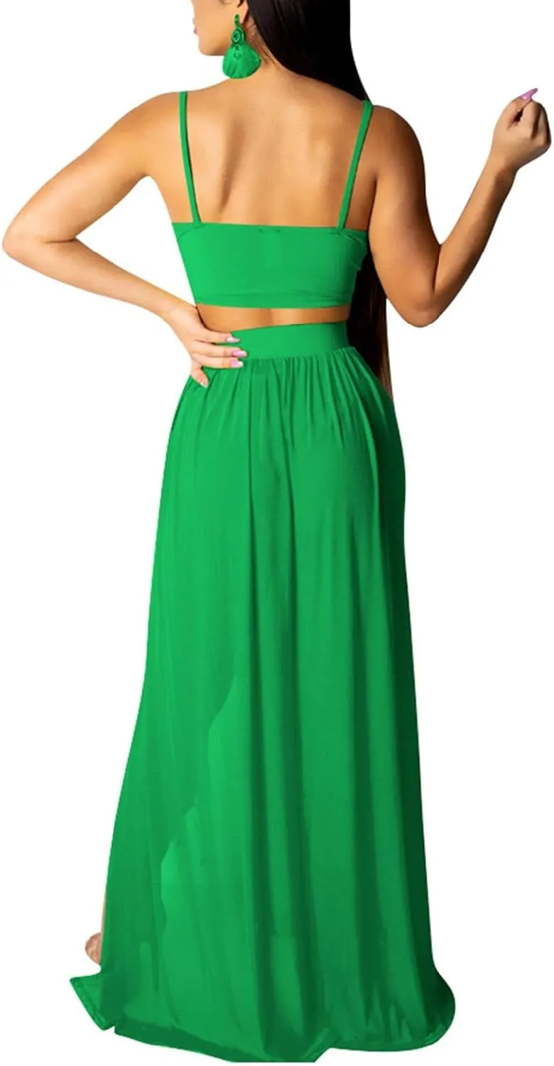 CROSTRITON Womens Sexy 2 Piece Outfits Dress Chiffon Strap Deep V Neck Bra Crop Top High Split Maxi Dresses Skirt Set