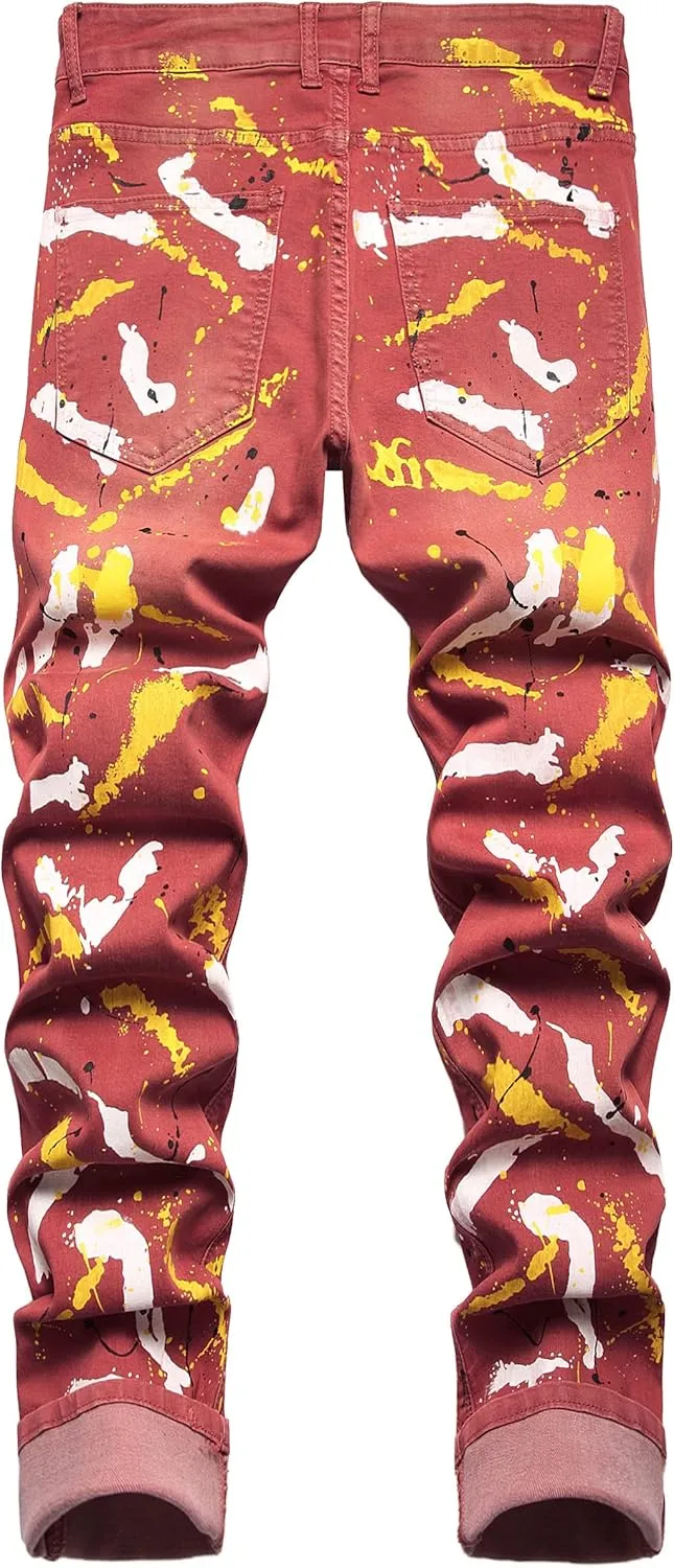DANT BULUN Men's Fashion Casual Printed Jeans Stretch Skinny Denim Jogger Pants