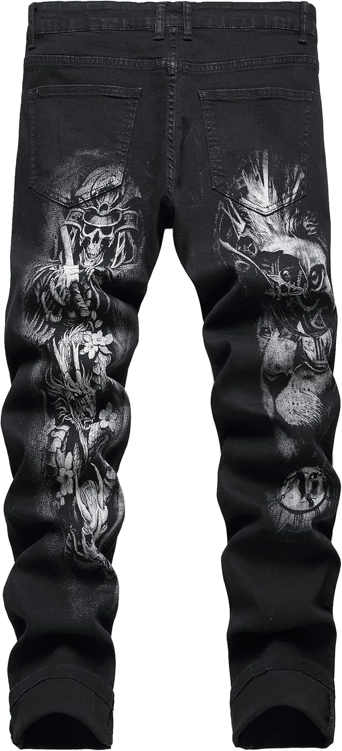 DANT BULUN Men's Fashion Casual Printed Jeans Stretch Skinny Denim Jogger Pants