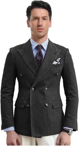 Denim Suits for Men 2 Piece Double Breasted Peak Lapel Blazer Pants Visible Thread Sewing Tuxedos for Wedding