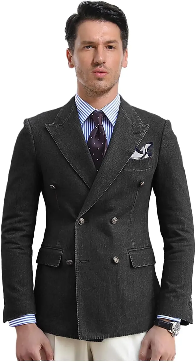 Denim Suits for Men 2 Piece Double Breasted Peak Lapel Blazer Pants Visible Thread Sewing Tuxedos for Wedding