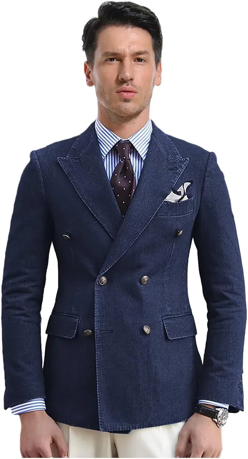 Denim Suits for Men 2 Piece Double Breasted Peak Lapel Blazer Pants Visible Thread Sewing Tuxedos for Wedding
