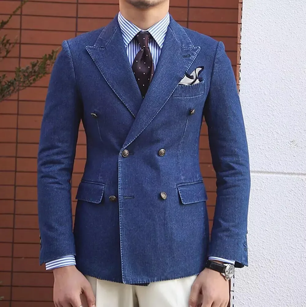 Denim Suits for Men 2 Piece Double Breasted Peak Lapel Blazer Pants Visible Thread Sewing Tuxedos for Wedding