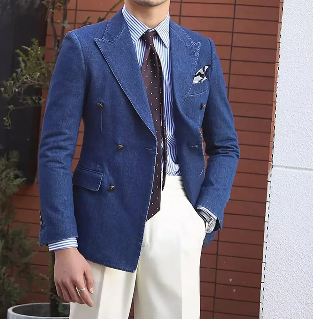 Denim Suits for Men 2 Piece Double Breasted Peak Lapel Blazer Pants Visible Thread Sewing Tuxedos for Wedding