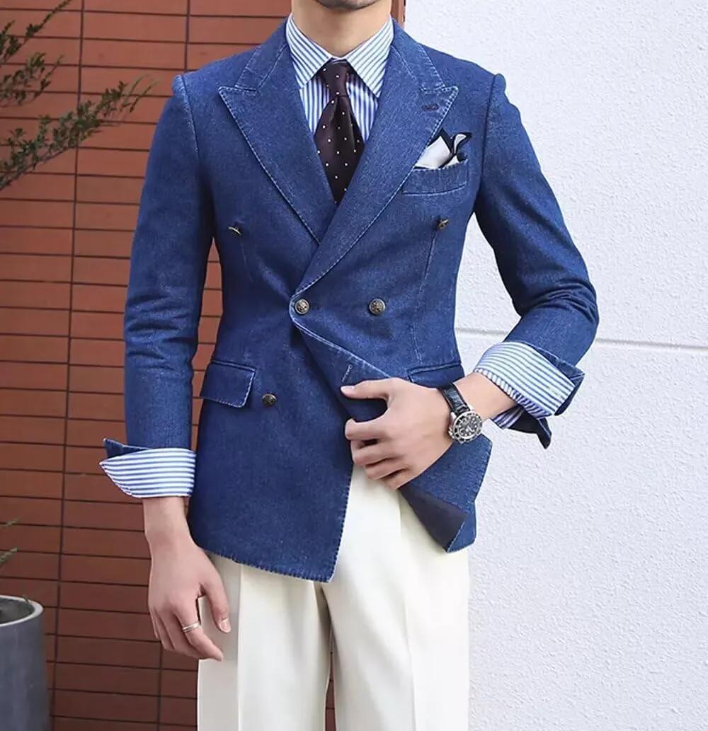 Denim Suits for Men 2 Piece Double Breasted Peak Lapel Blazer Pants Visible Thread Sewing Tuxedos for Wedding
